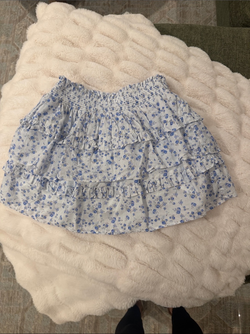 LoveShackFancy Blue and White Floral Ruffle Kids Skirt